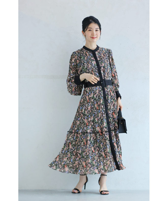 (ベルト付き)花咲き誇る細やかプリーツロングワンピース