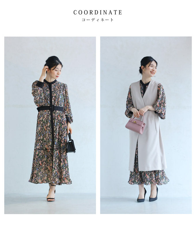 (ベルト付き)花咲き誇る細やかプリーツロングワンピース