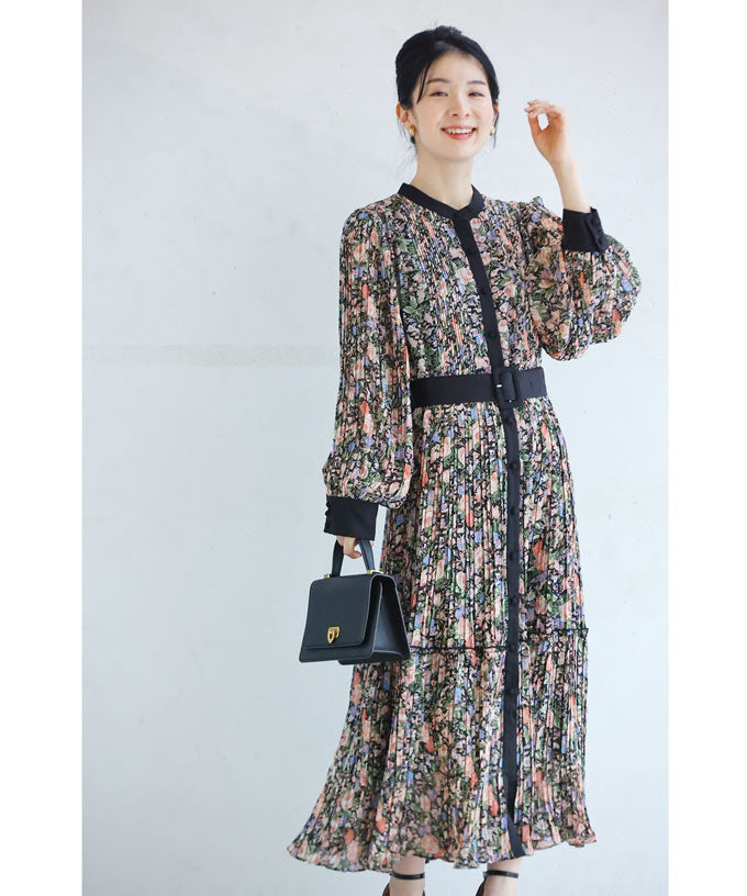 (ベルト付き)花咲き誇る細やかプリーツロングワンピース