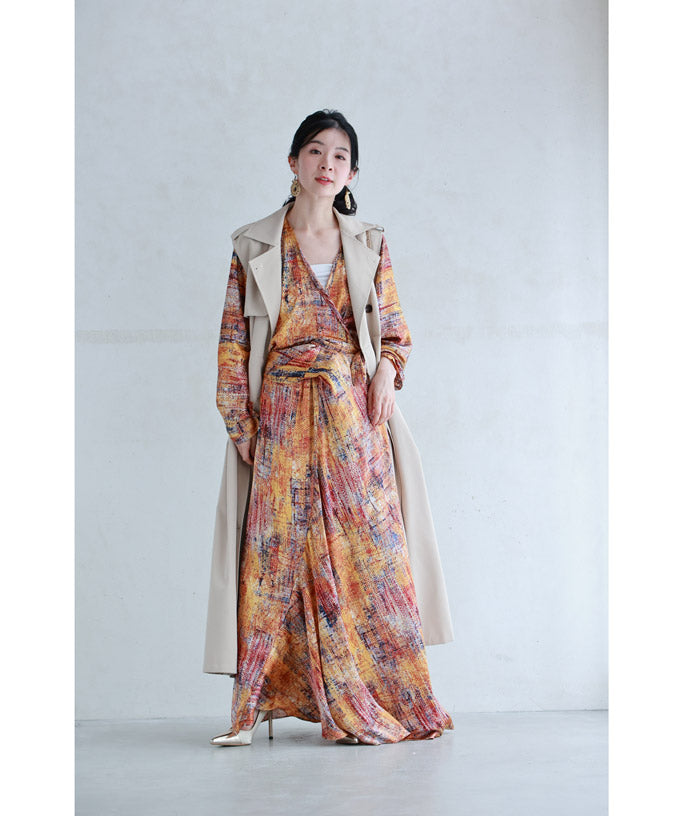 彩り豊かなアート柄カシュクールロングワンピース