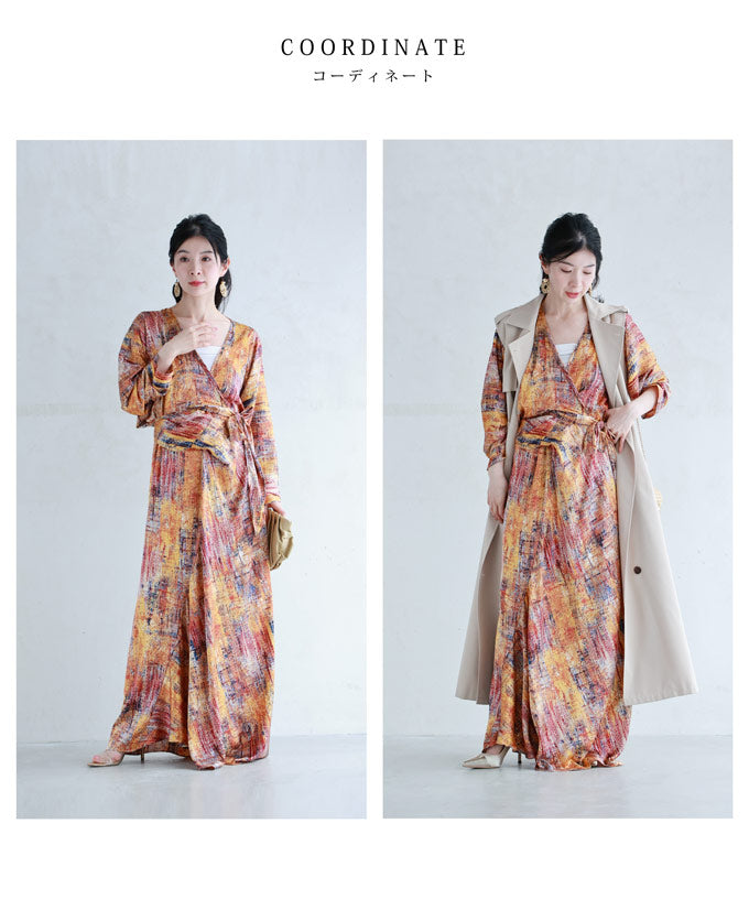 彩り豊かなアート柄カシュクールロングワンピース