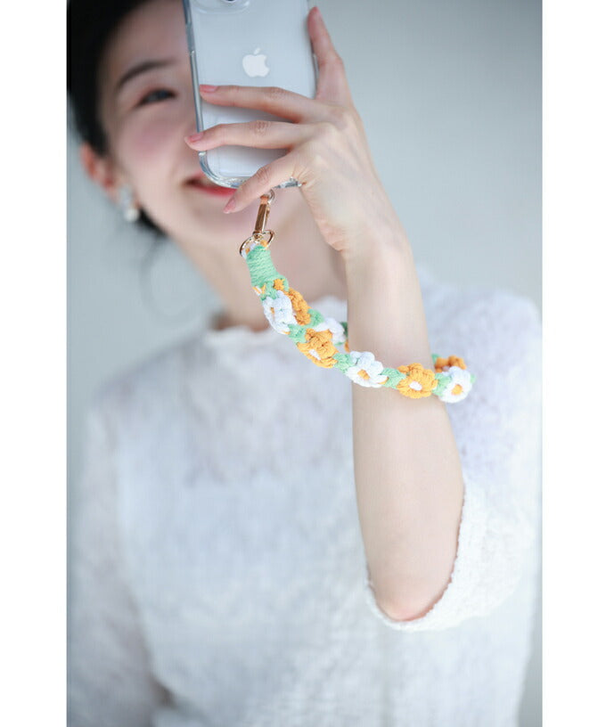 (クリアホルダー付き)編み込みお花のショートストラップ