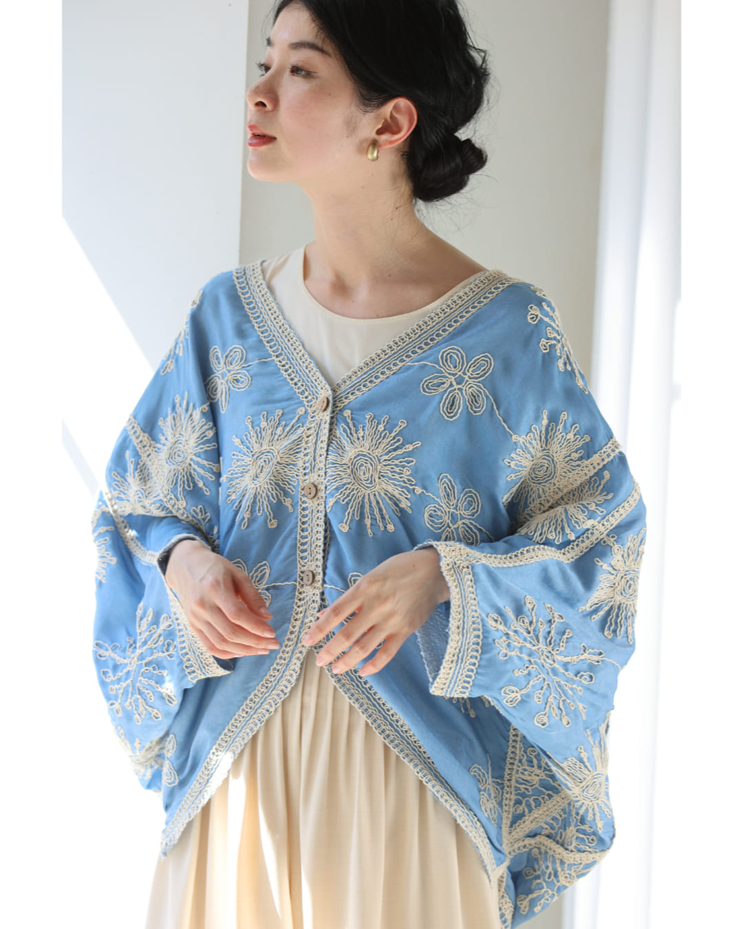 脚長見えXラインの花刺繍ドルマンボレロカーディガン 4/15新作