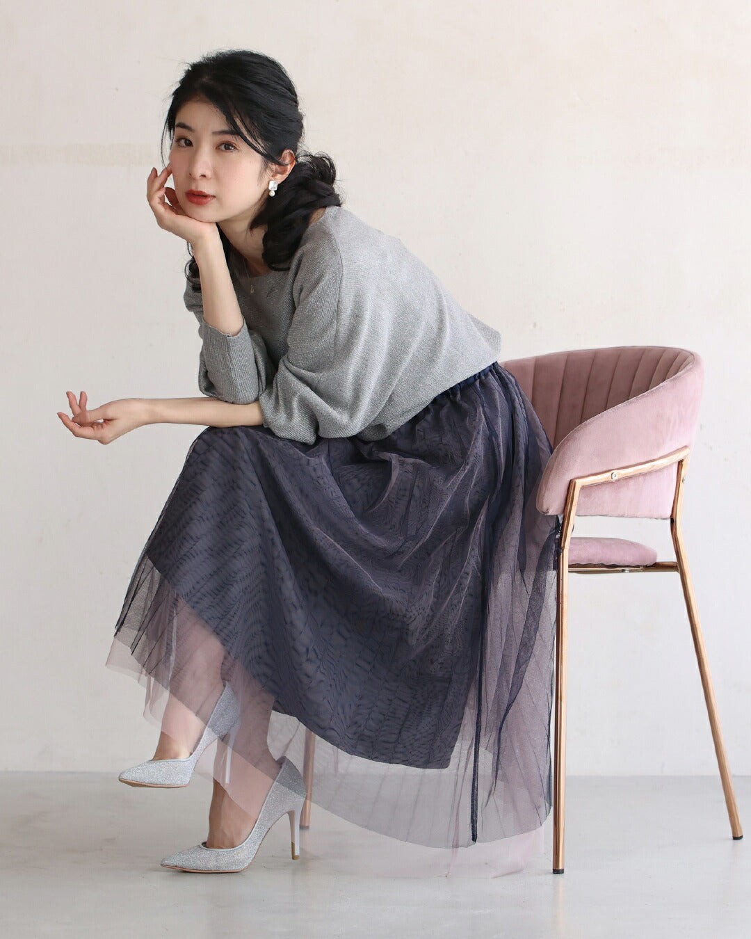 【w67426】(ネイビー)(S~L/2L~3L対応)グラデーションチュールスカート