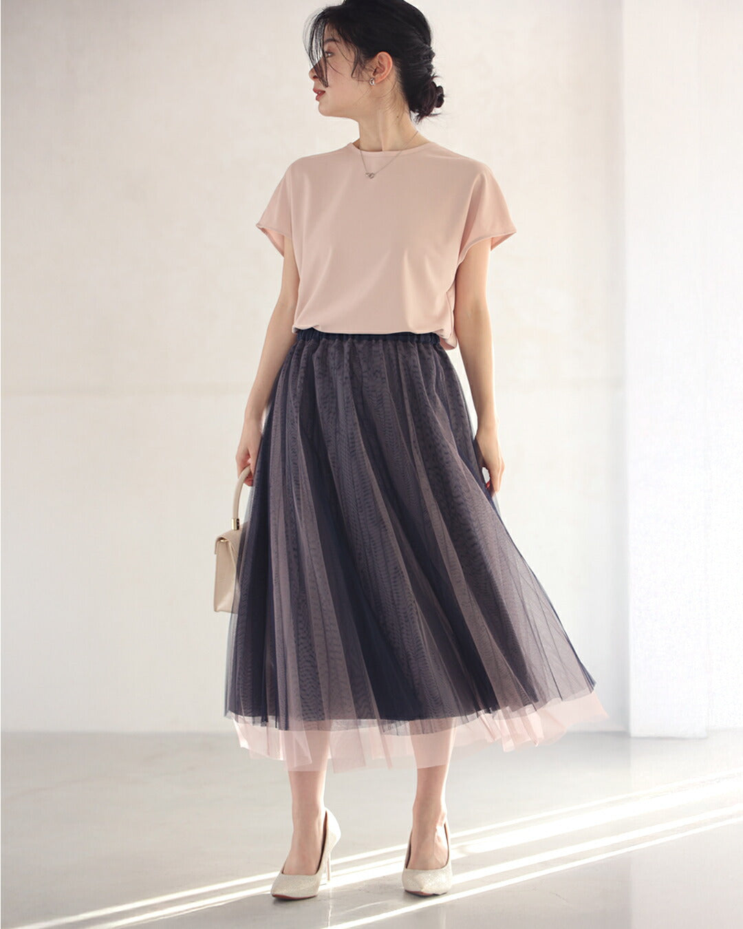 【w67426】(ネイビー)(S~L/2L~3L対応)グラデーションチュールスカート