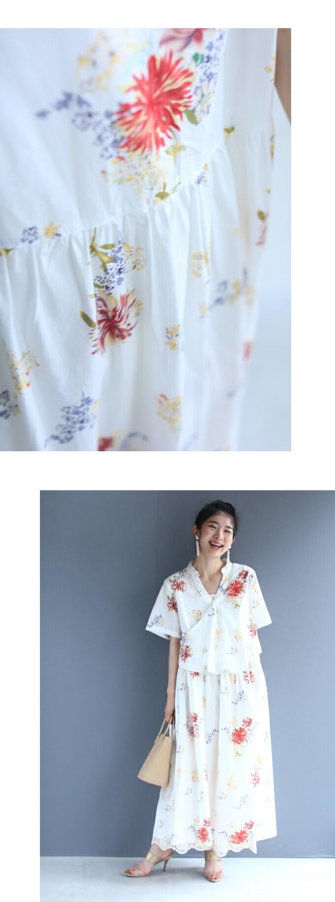 wc-ak00013】(S~L/2L~3L 対応)赤の水彩。花のカシュクール風ワンピース