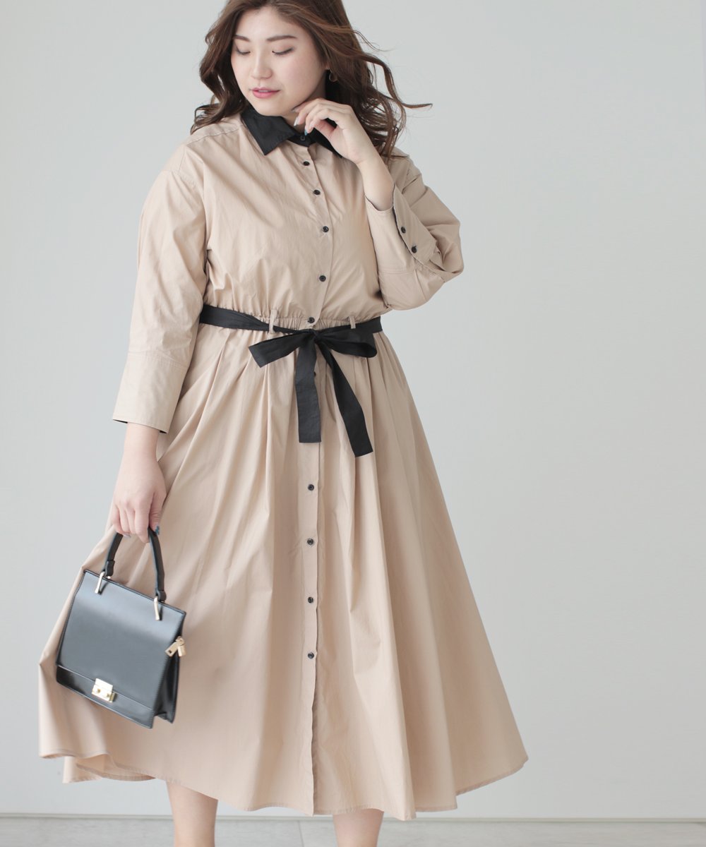 【cy00024-B】【3L~5L対応】「Ms.chubby by CAWAII」オシャレに差がつくバイカラーシャツワンピース