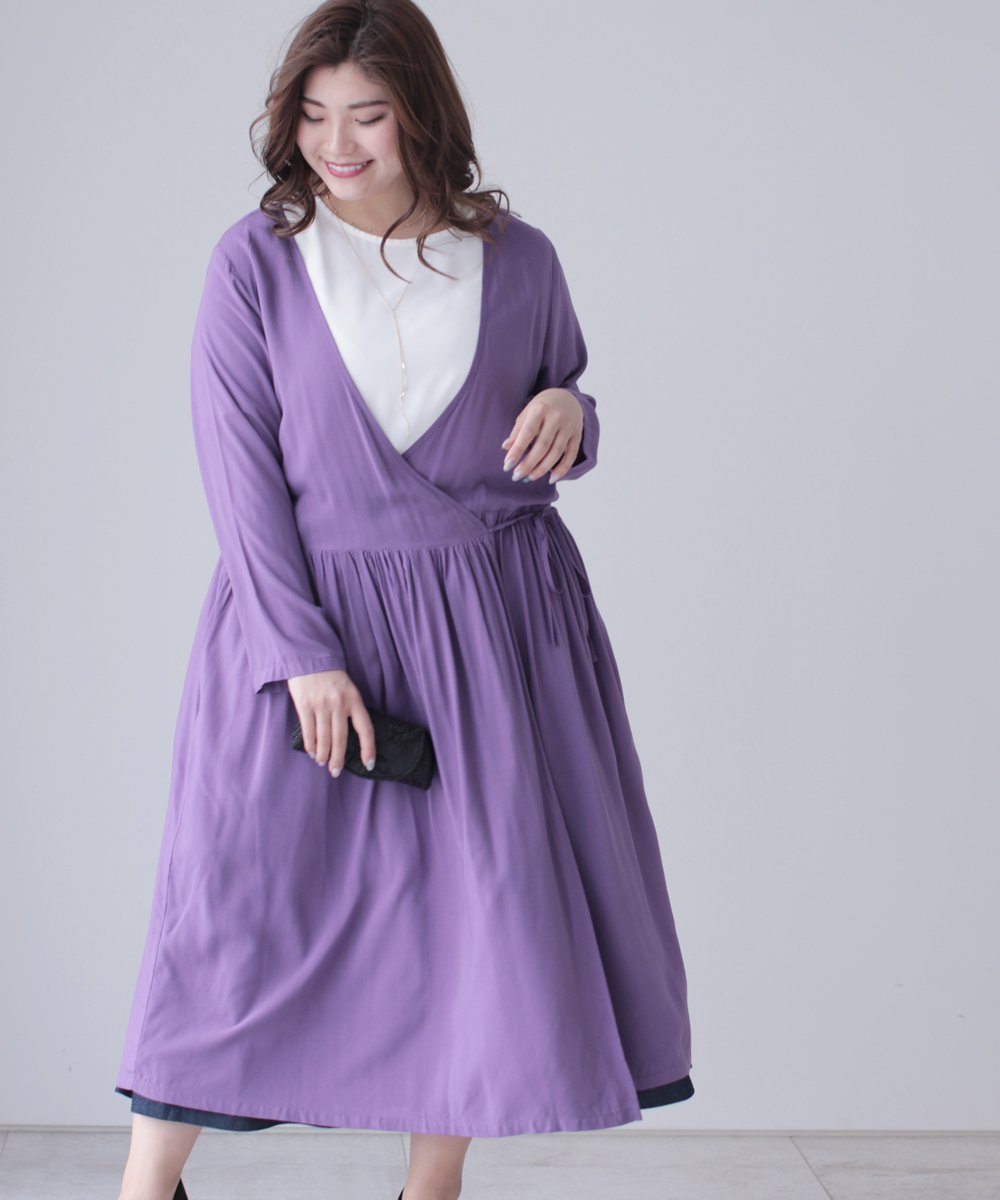 【cy00025-A】【3L~5L対応】「Ms.chubby by CAWAII」(パープル)(3L/4L/5L対応)カシュクールワンピ 5L