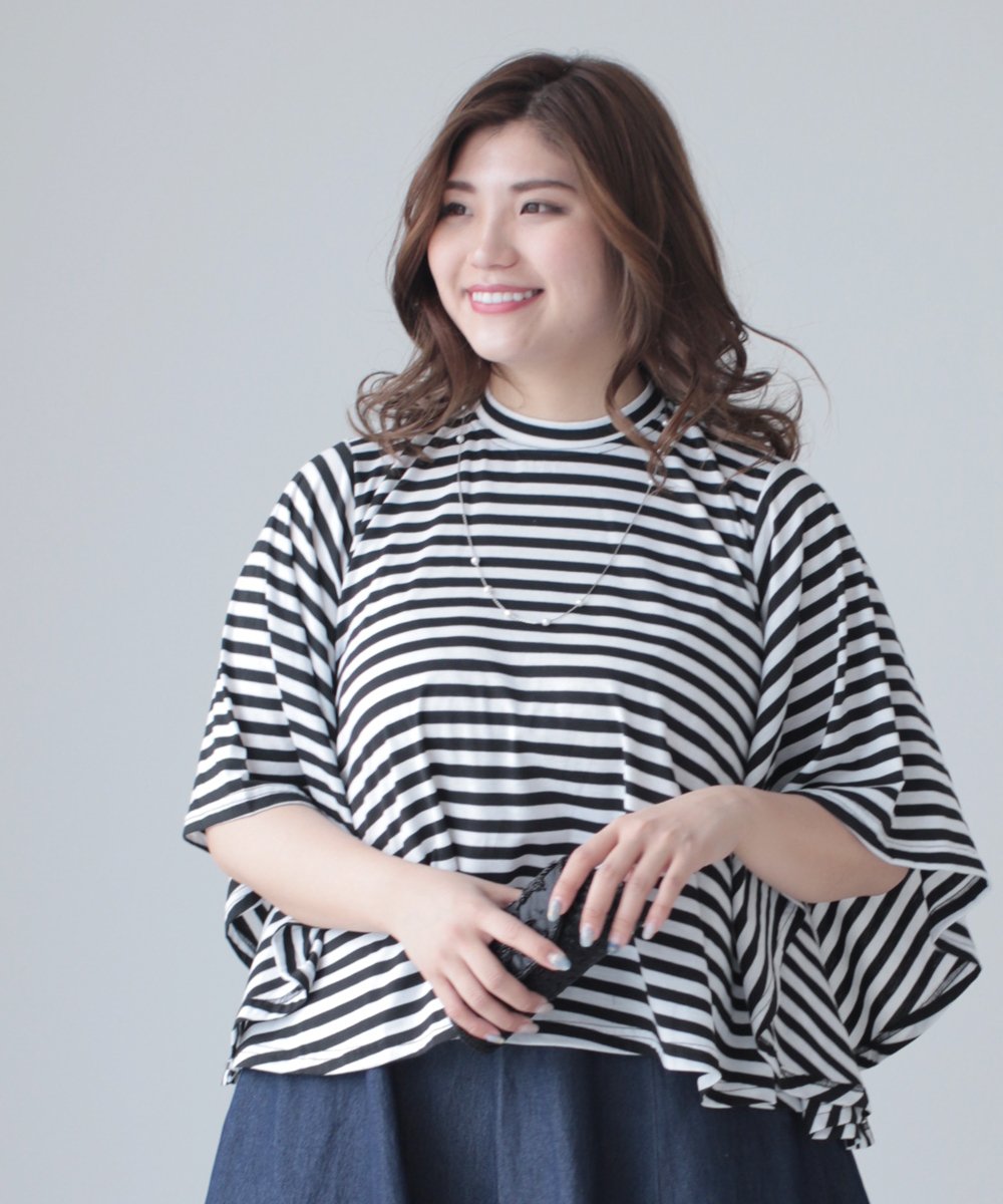 【cy00026-B】【3L~5L対応】「Ms.chubby by CAWAII」袖フリルが目を惹く。伸縮ボーダートップス ゆったりカットソー伸縮ボーダーフリル トップスレディース大人かわいい春夏3L 4L 5L 大きいサイズ50代 40代30代