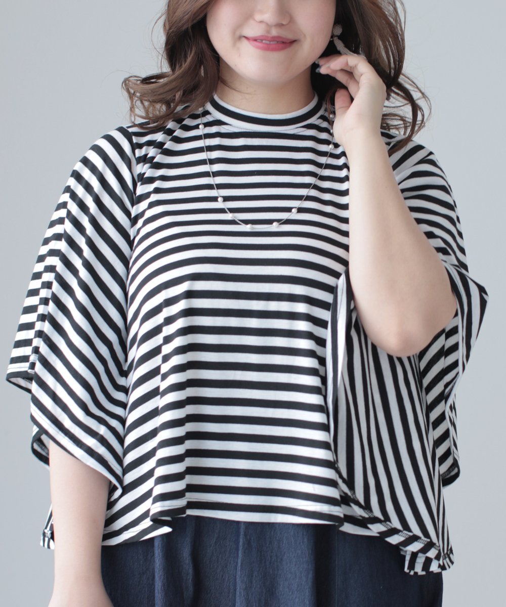 【cy00026-B】【3L~5L対応】「Ms.chubby by CAWAII」袖フリルが目を惹く。伸縮ボーダートップス ゆったりカットソー伸縮ボーダーフリル トップスレディース大人かわいい春夏3L 4L 5L 大きいサイズ50代 40代30代