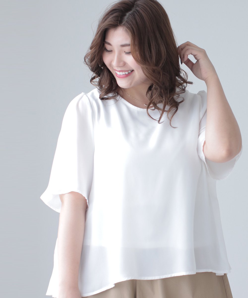 【cy00027-A】【3L~5L対応】「Ms.chubby by CAWAII」ふんわり揺れるサイドプリーツトップスゆったりサイドプリーツホワイトブラック トップスレディース大人エレガント3L 4L 5L 大きいサイズ60代 50代 40代30代