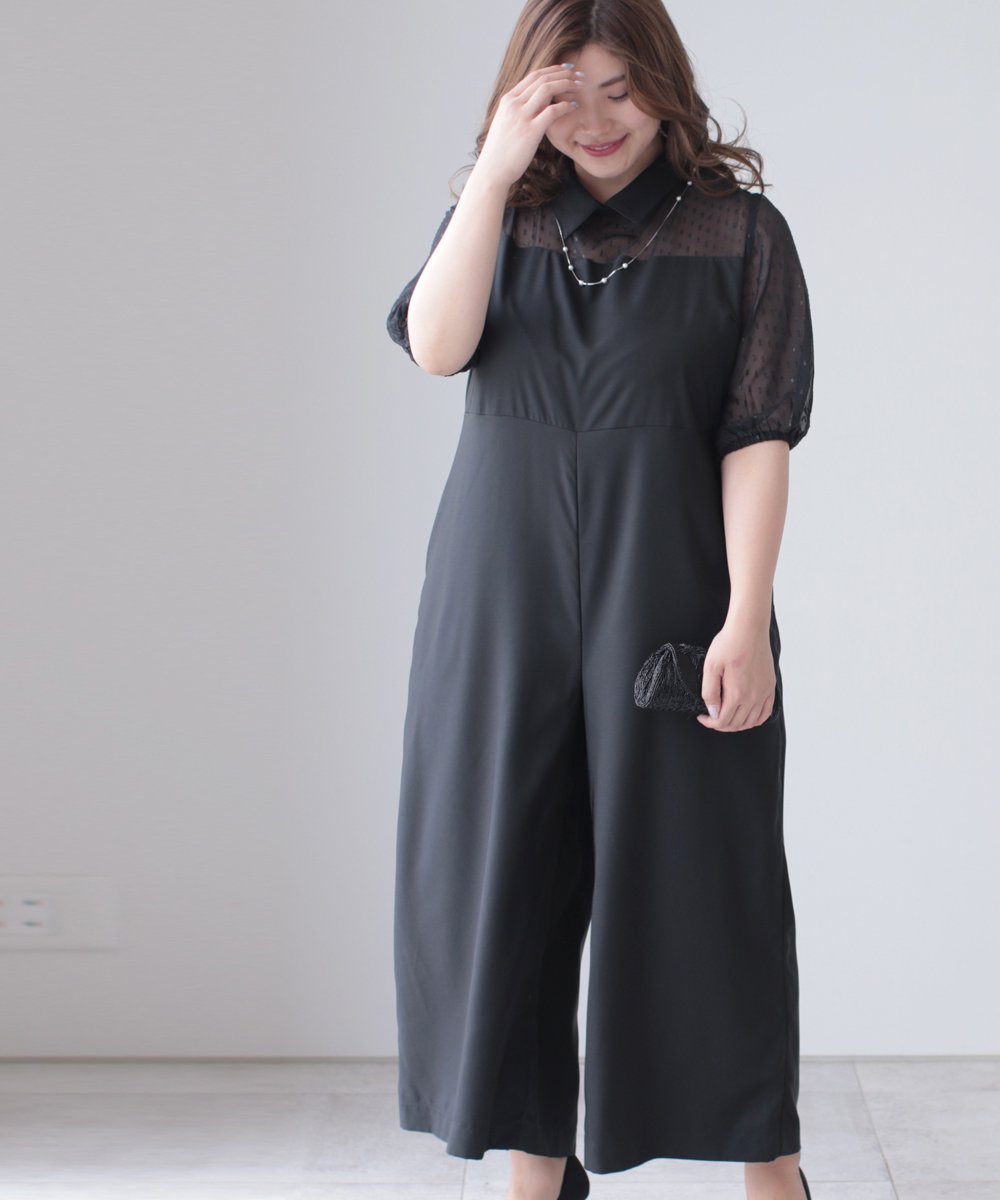 【cy00031】【3L~5L対応】「Ms.chubby by CAWAII」上品に着こなすサロペットドレス ゆったり サロペット オケージョン ブラック シースルー かわいい きれい 大人 3L 4L 5L 大きいサイズ 60代 50代 40代 30代