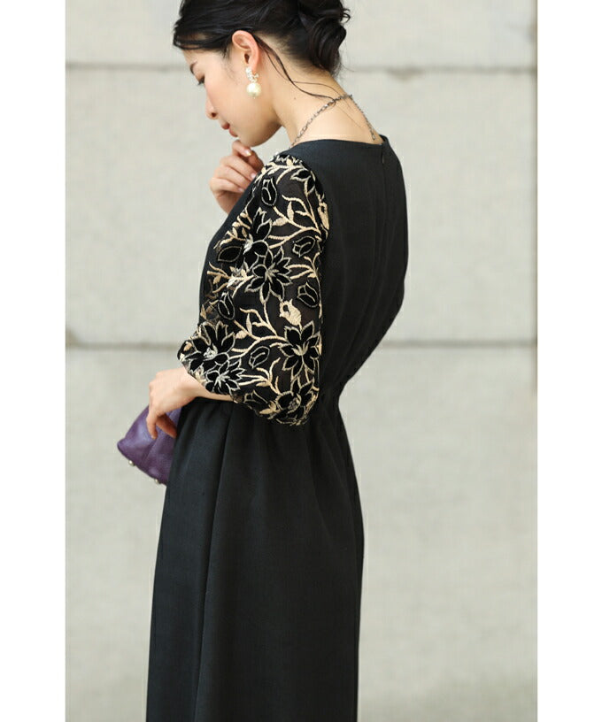 【fk00011-bk】◇◇☆☆(ブラック)(S~M/L~2L)対応花袖レースのブラックタックワンピース