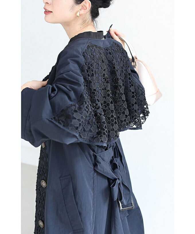 【fse00033od】(S~3L対応)(ベルト付き)後ろ姿に浮かぶ可愛いパンチングレースのシャカシャカライトコート