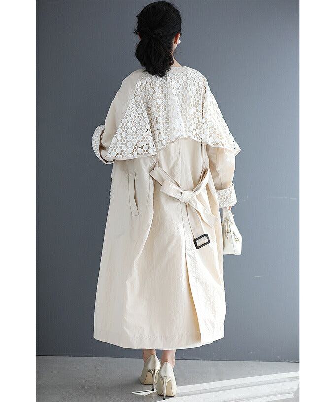 【fse00033od】(S~3L対応)(ベルト付き)後ろ姿に浮かぶ可愛いパンチングレースのシャカシャカライトコート