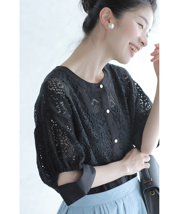 【fse00046od】(S~3L対応)(黒)アンティーク調の柄浮かぶカッティングスリーブレースシャツトップス