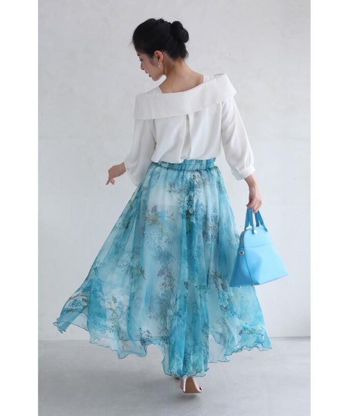 【wc-w53658】☆☆(S~3L対応)透明感溢れる水面花ロングスカート