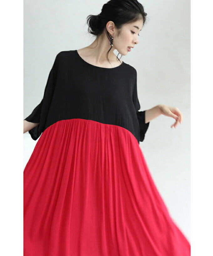 【wc-w53779】(S~3L対応)(黒)女性を美しく魅せる紅と黒のバイカラーロングワンピース