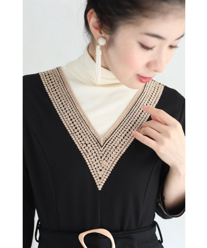 【wc-w53808】(S~L対応)(黒)(ベルト付き)細やかな小花刺繍のAラインミディアムワンピース