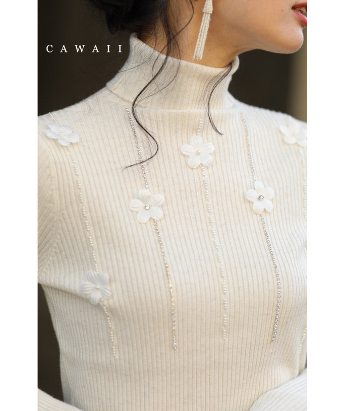 【wc-w54494】(S~M対応)流線ビジューの白花ニットカットソートップス