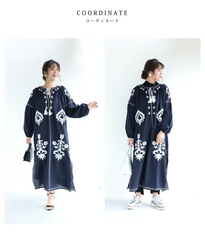 【wc-w54526】(M~2L対応)(リボンベルト付き)(濃紺)フリンジ揺れる華刺繍サイドスリットミディアムワンピース