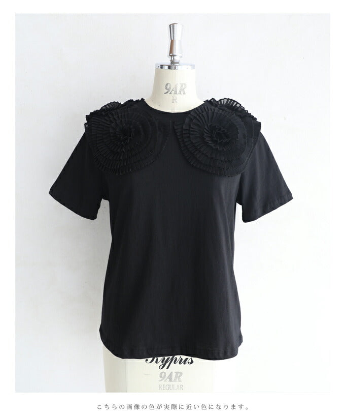 【w60183ps】(S~2L対応)(黒)プリーツの花咲くTシャツトップス