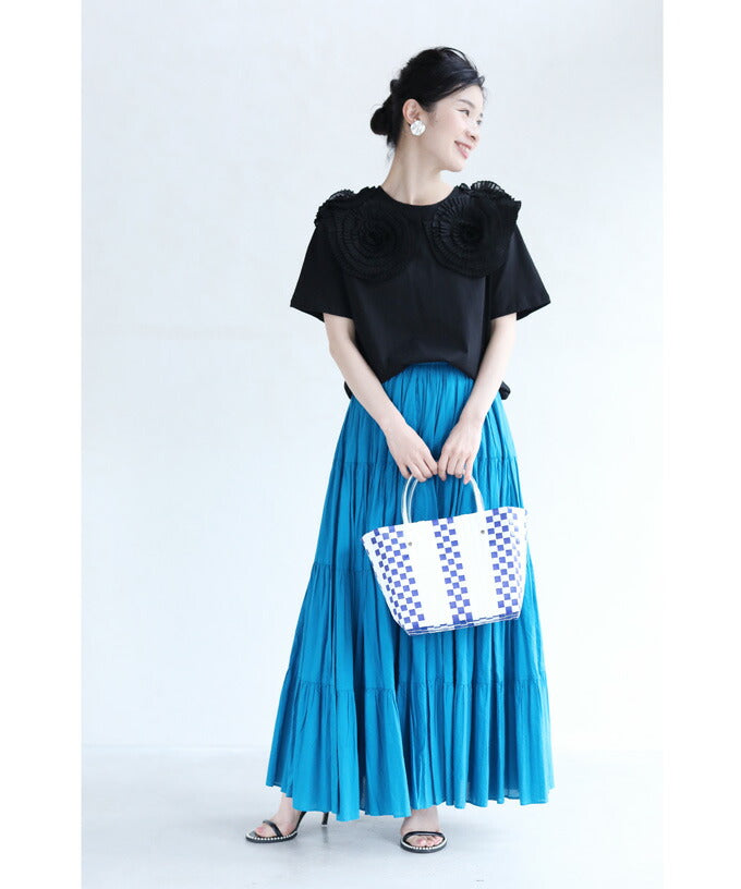 【w60183ps】(S~2L対応)(黒)プリーツの花咲くTシャツトップス