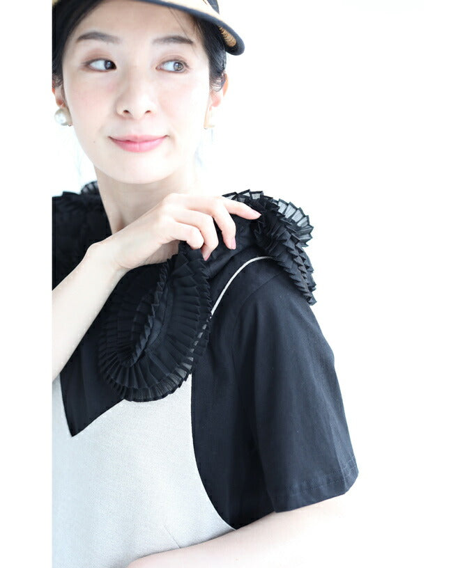 【w60183ps】(S~2L対応)(黒)プリーツの花咲くTシャツトップス
