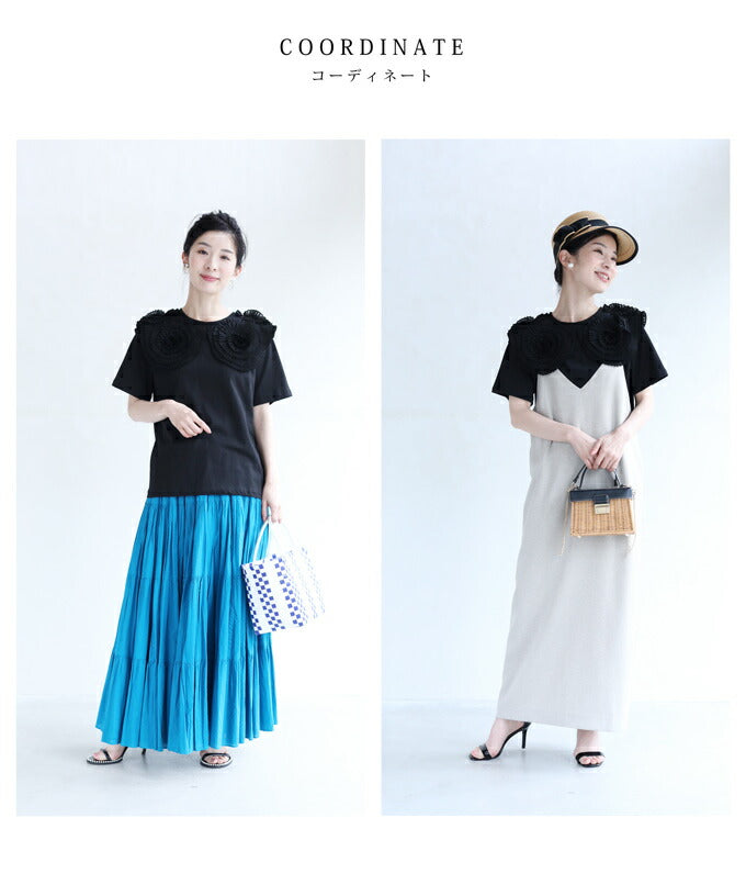 【w60183ps】(S~2L対応)(黒)プリーツの花咲くTシャツトップス