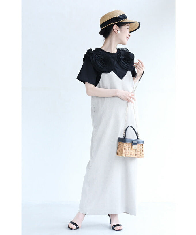 【w60183ps】(S~2L対応)(黒)プリーツの花咲くTシャツトップス