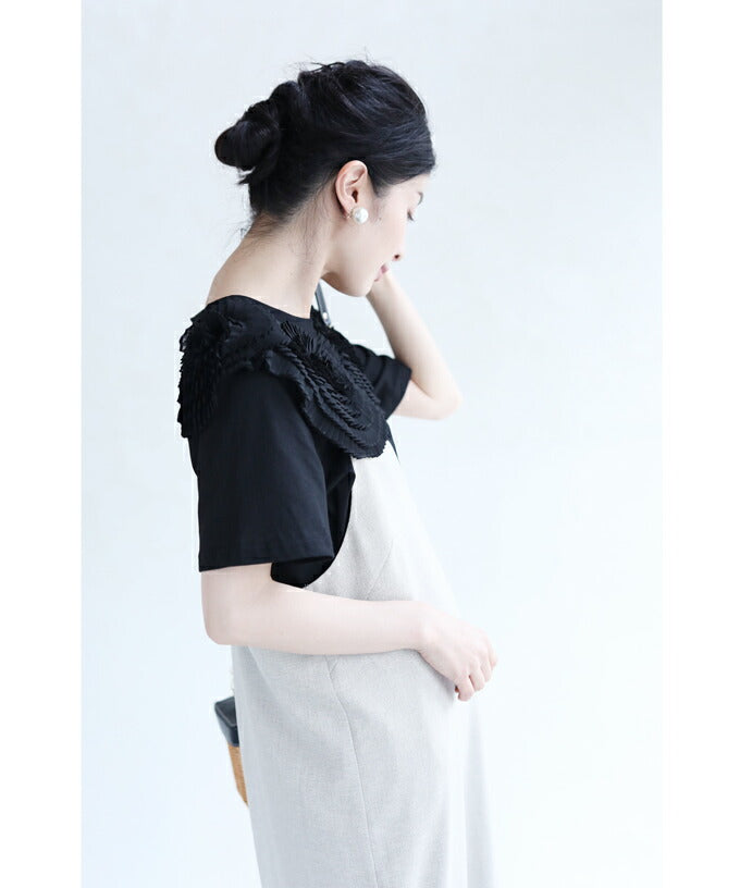 【w60183ps】(S~2L対応)(黒)プリーツの花咲くTシャツトップス