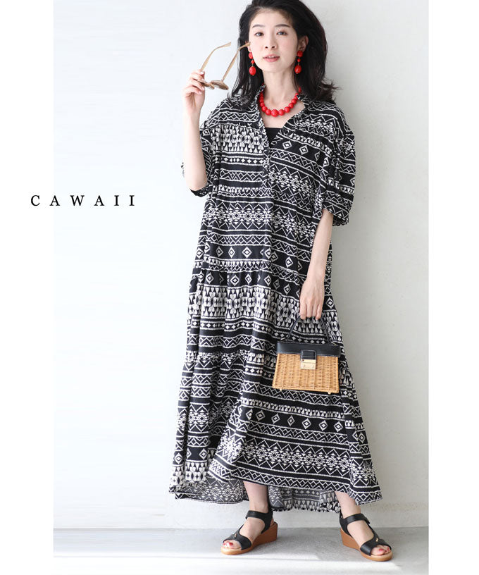 【w60186ps】(S~3L対応)(紐ベルト付き)クールな美しさを放つエスニックティアードワンピース