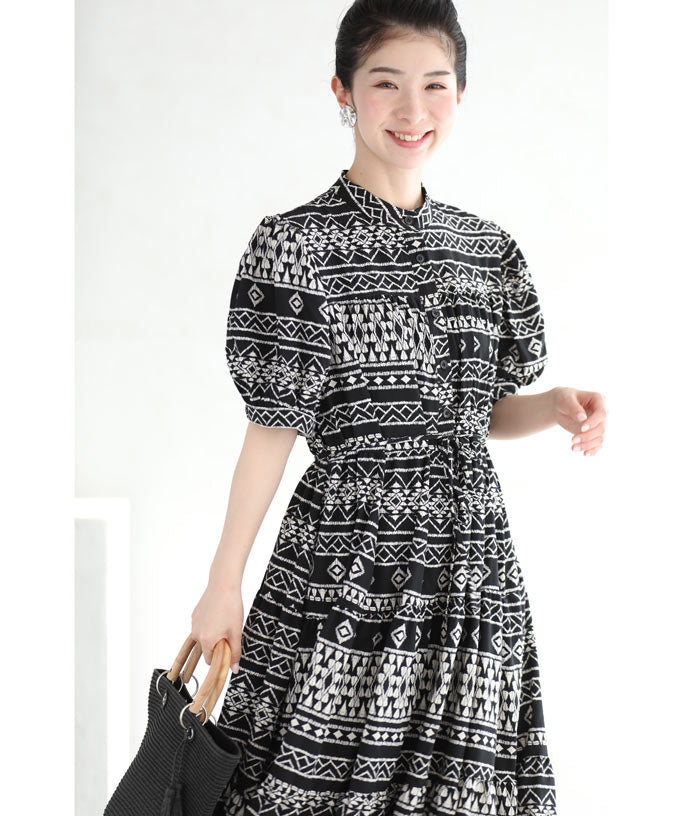 【w60186ps】(S~3L対応)(紐ベルト付き)クールな美しさを放つエスニックティアードワンピース