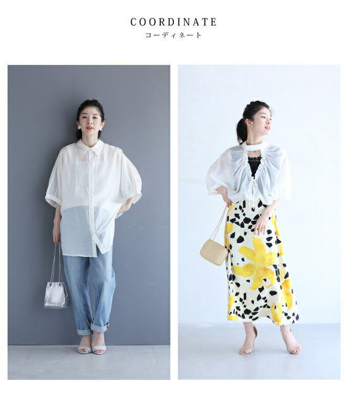【w60197ps】(S~3L対応)前後着用可能な2way。ギャザーホールデザインのシアーブラウストップス
