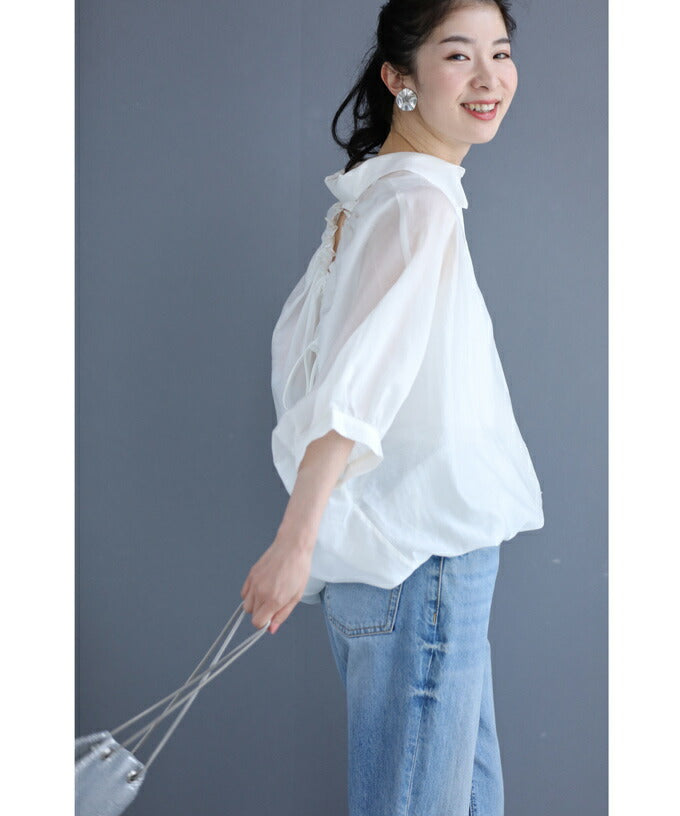【w60197ps】(S~3L対応)前後着用可能な2way。ギャザーホールデザインのシアーブラウストップス