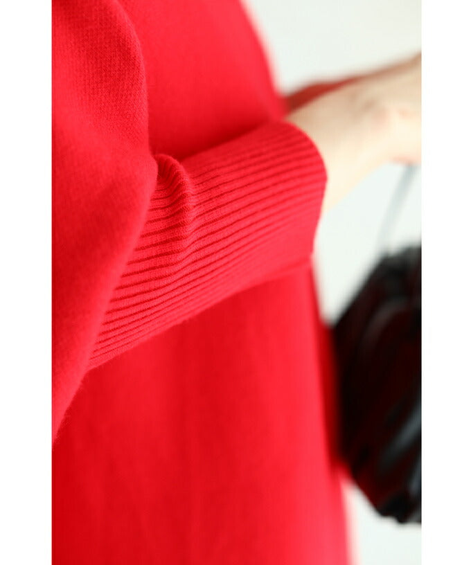 【w68758】(S~L/2L~3L対応)(レッド)デコルテに咲く花編みドルマンニットチュニック