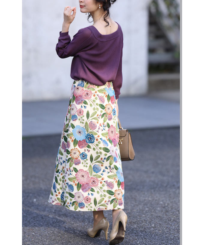 【wc-w69259koiv】(アイボリー)(S~M/L対応)一目ぼれ。思わず2度見する花刺繍ジャガードスカート