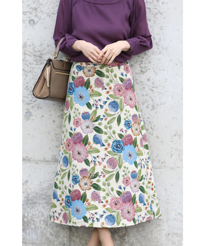 【wc-w69259koiv】(アイボリー)(S~M/L対応)一目ぼれ。思わず2度見する花刺繍ジャガードスカート