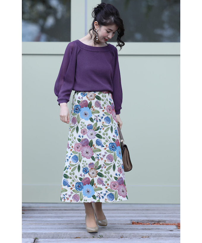 【wc-w69259koiv】(アイボリー)(S~M/L対応)一目ぼれ。思わず2度見する花刺繍ジャガードスカート