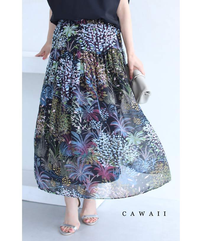 【wc-wk00143】(S~L対応)「CAWAII」軽やかに揺らめくボタニカル柄ミディアムスカート