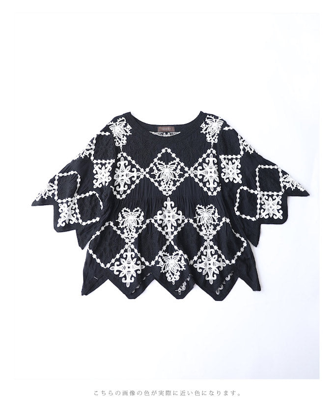 【wc-wk00200】(S~2L対応)(黒)エレガントな刺繍のスカラッププルオーバートップス