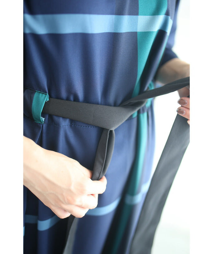 【wc-wk00376】(S~2L対応)上品なチェックのウエストリボンロングワンピース