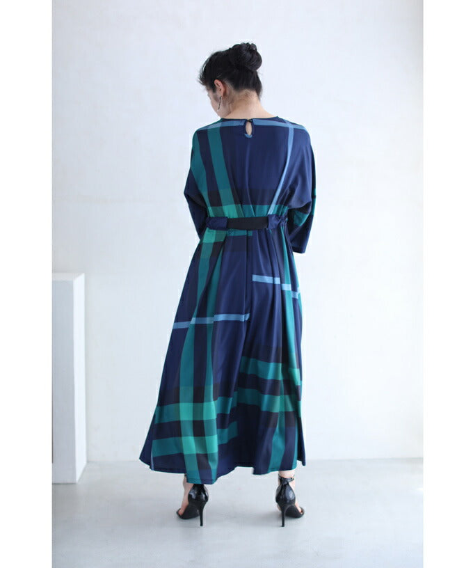 【wc-wk00376】(S~2L対応)上品なチェックのウエストリボンロングワンピース