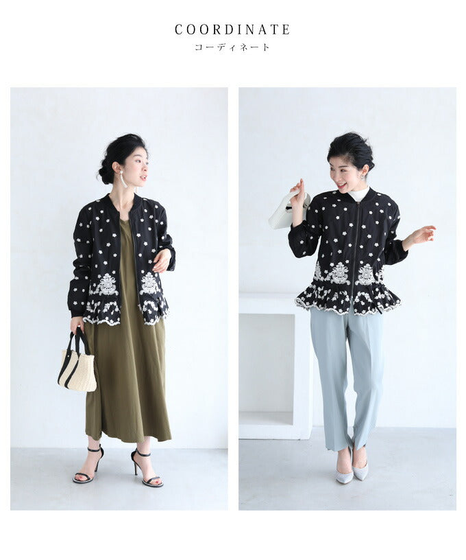 【wkg00111】(S~L対応)(黒)花刺繍を散りばめたペプラムブルゾン