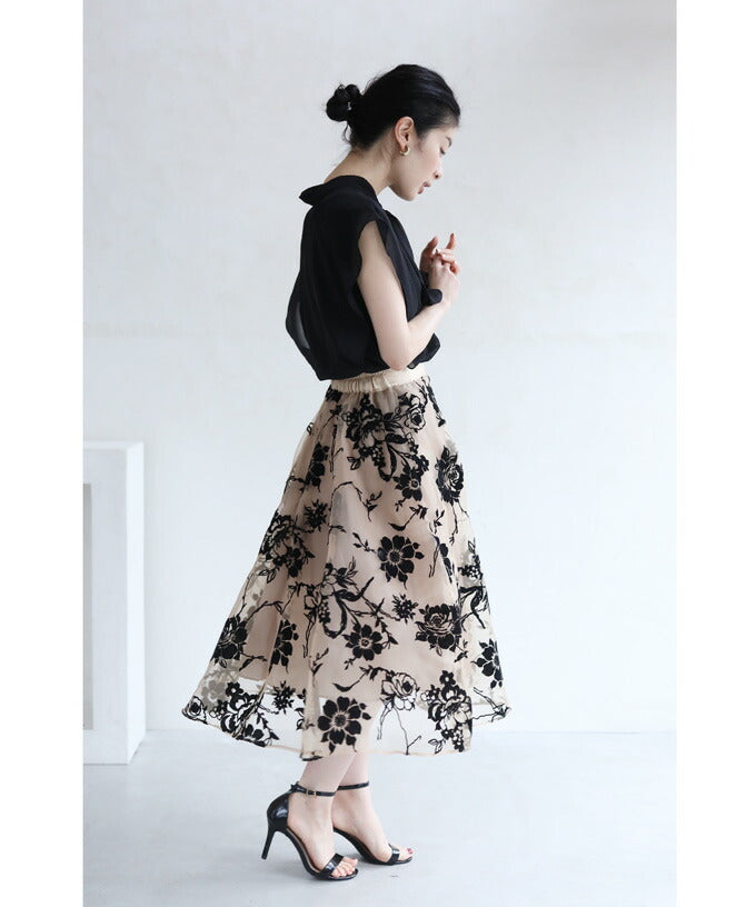 【wkg00394】(S~L対応)黒花浮かぶ磨りガラスベールミディアムスカート