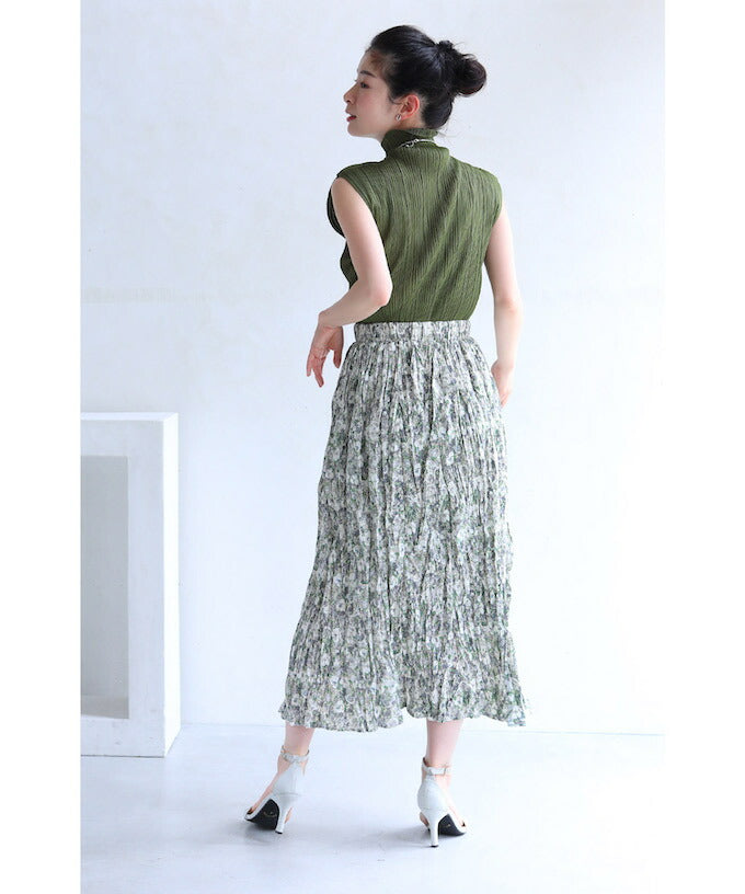 【wkg00435】(S~2L対応)アイロン要らずなくしゅくしゅ加工の花柄ミディアムスカート