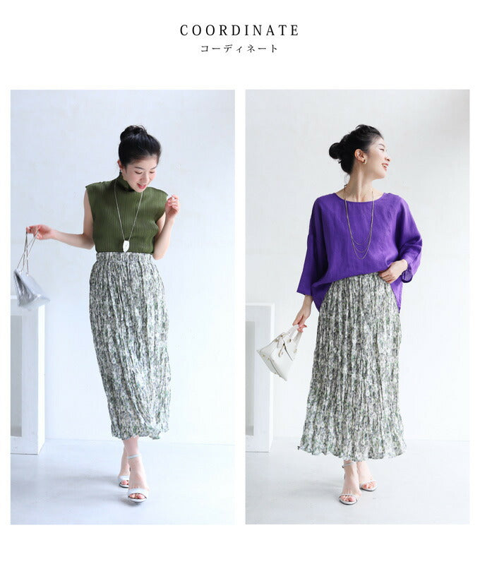【wkg00435】(S~2L対応)アイロン要らずなくしゅくしゅ加工の花柄ミディアムスカート