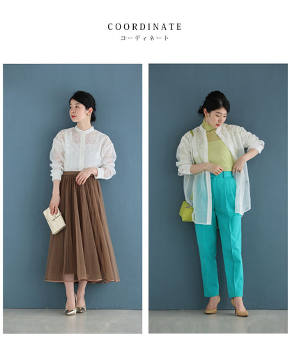 淡いレースを重ねたシアーシャツトップス　5/4新作