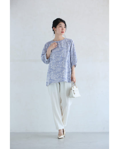 ストライプに重なる白花刺繍ブラウストップス　4/21新作