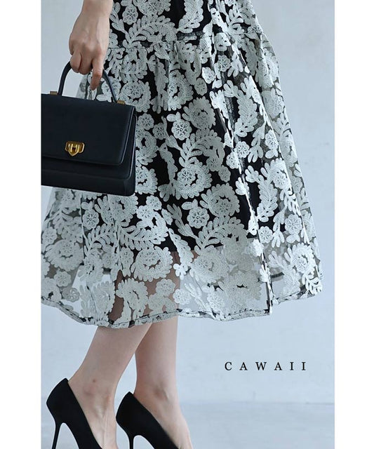 エレガントな花刺繍シアーベールミディアムスカート　